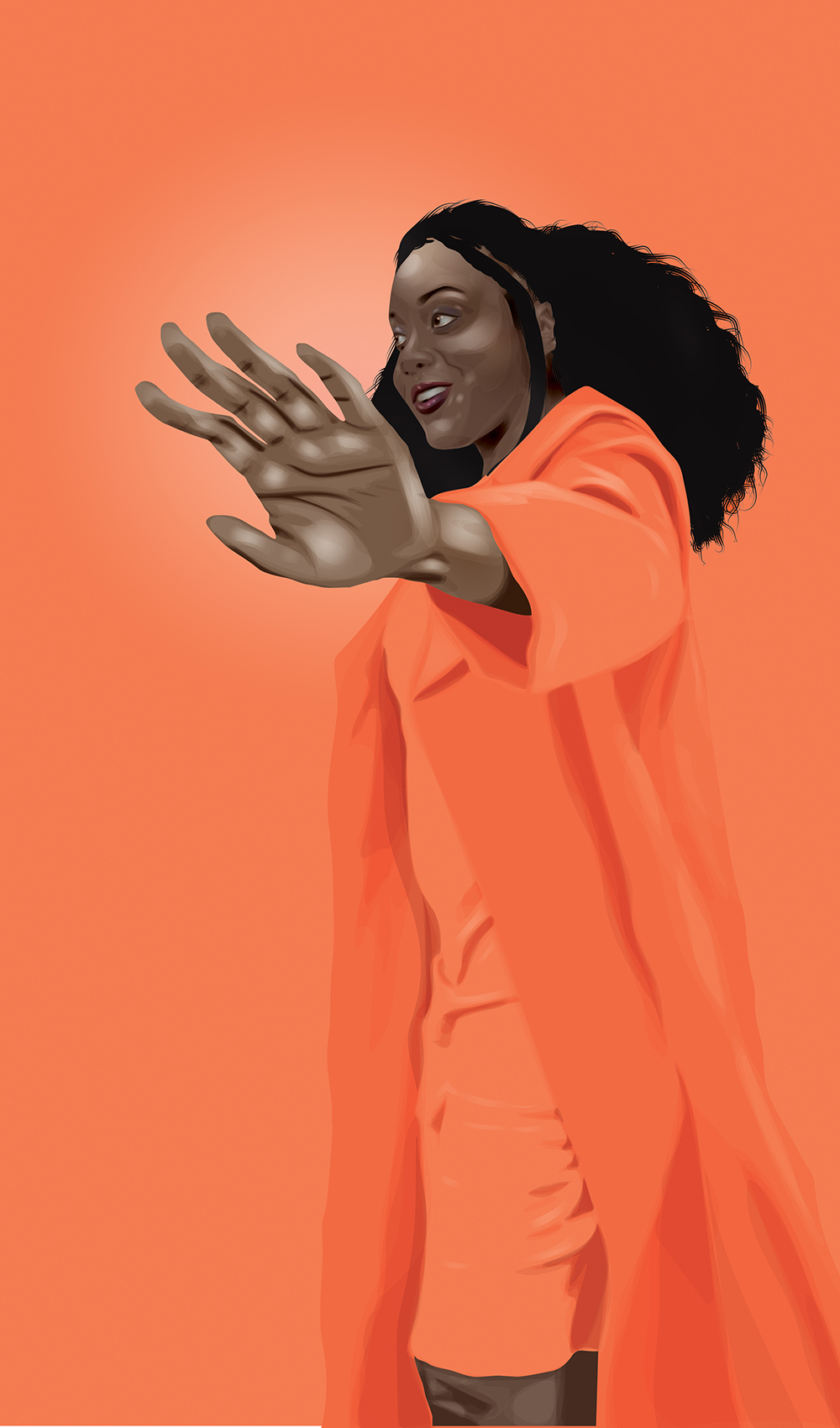 A vector portrait of rapper, Noname on an orange background. She is smiling with her arm extended toward the camera. She is wearing an orange dress with a darker orange trench coat.