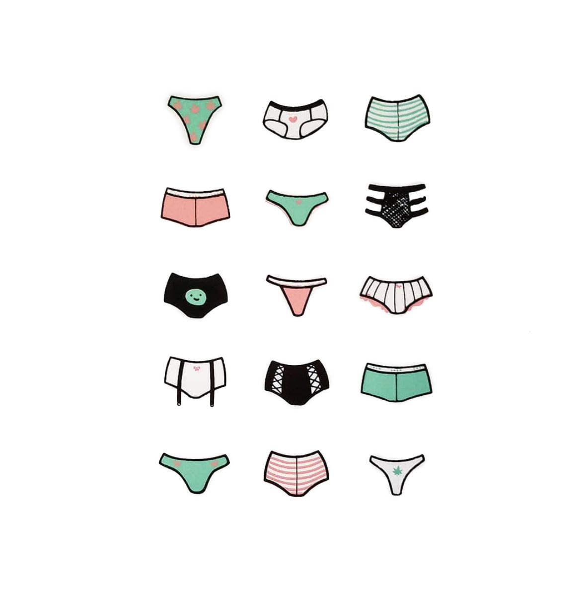 A screenprinted poster of 15 various icons of women's underwear. They are laid out in a grid on a white background.