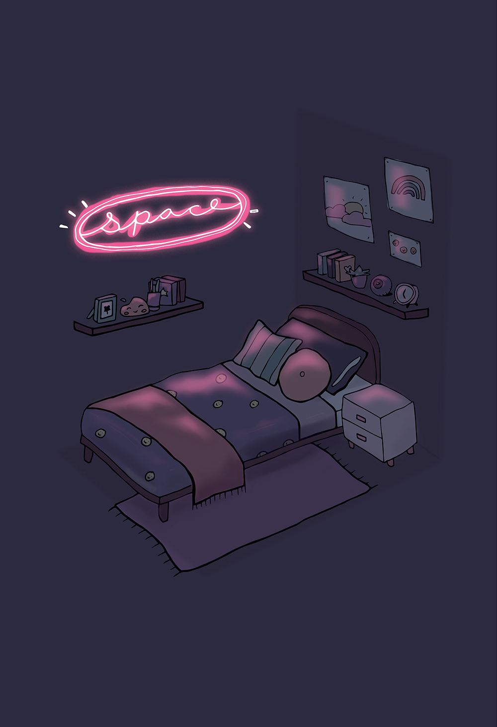 A vector illustration of a bedroom at night. There is a pink neon sign with the word, Space, that illuminates the bed, shelves, and posters.